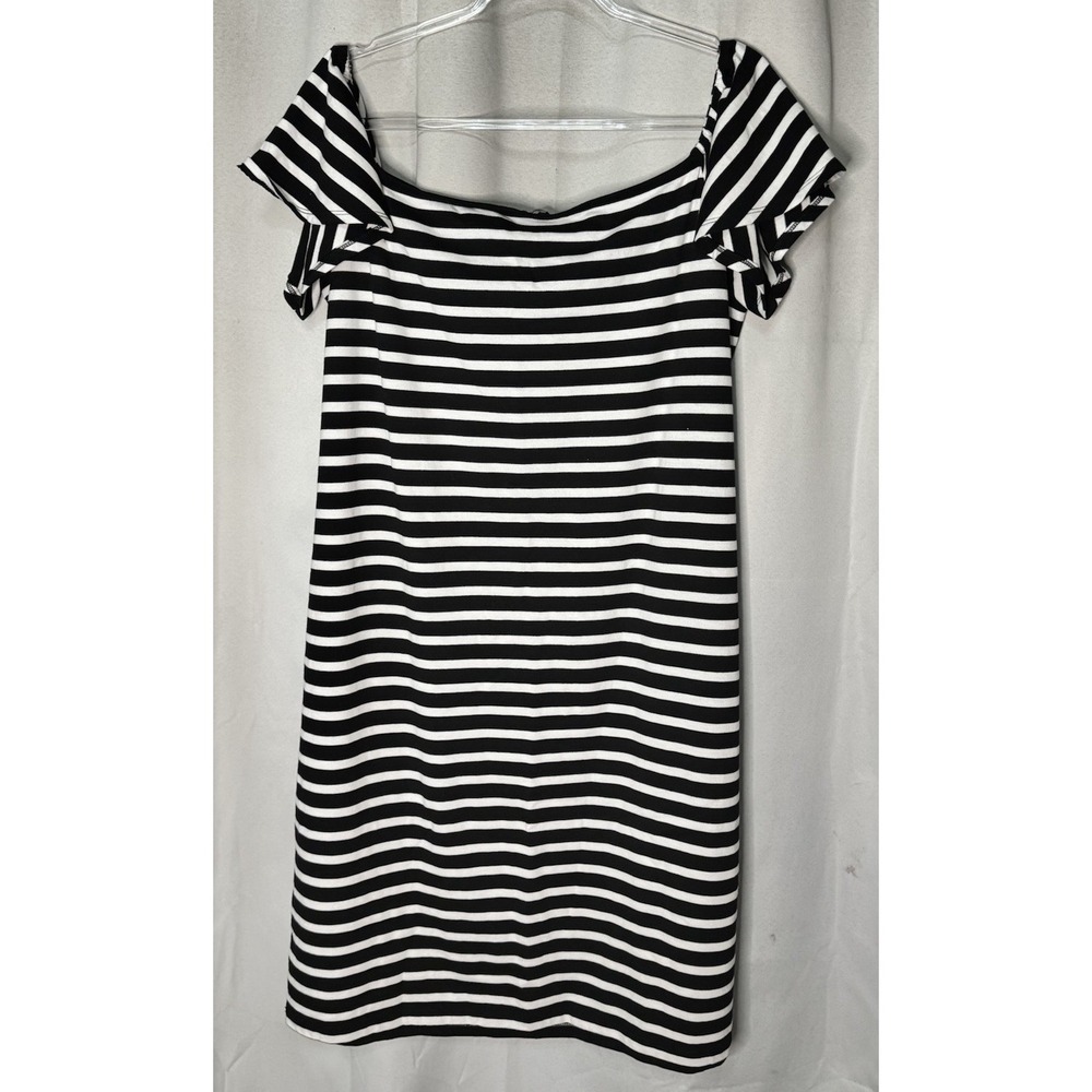 Lauren Ralph Lauren Black White Striped Knit Shift Dress 1X Scoop Neck Ruffle - Picture 5 of 5